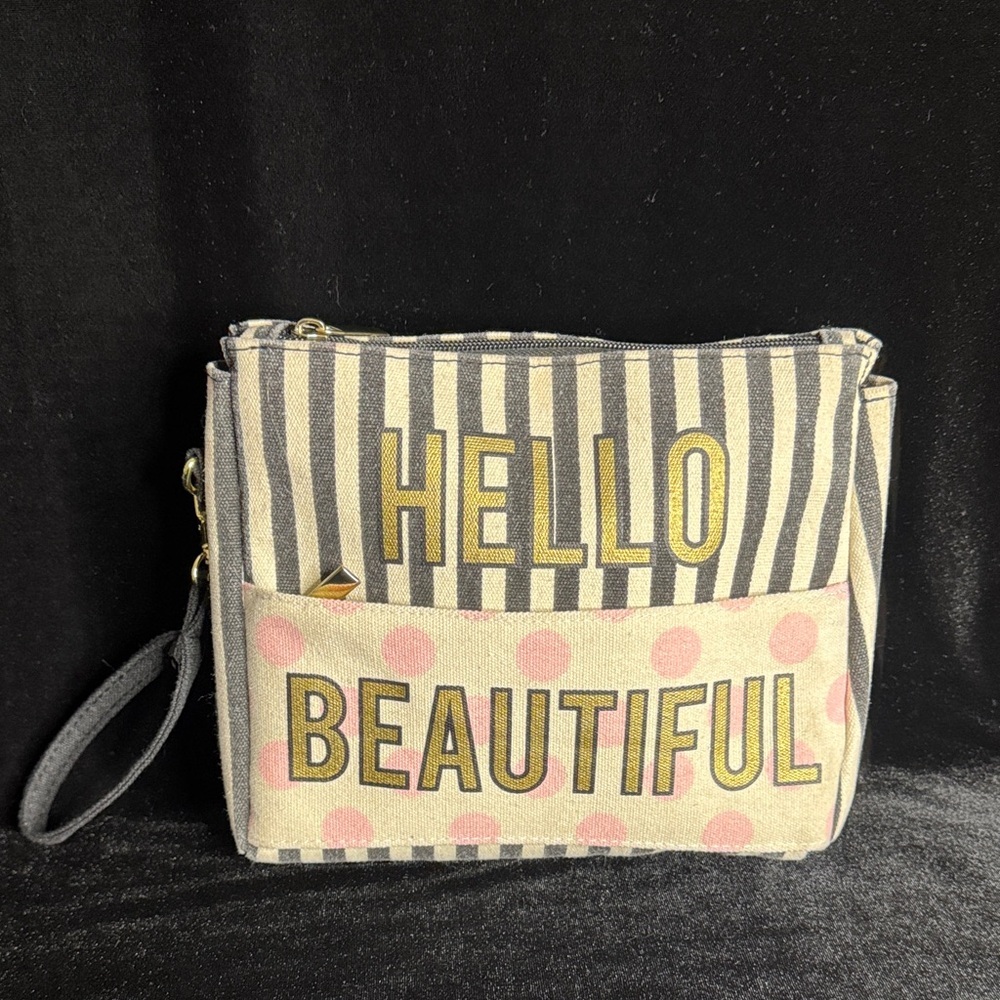 Chic Striped and Polka Dot Clutch with 'Hello Beautiful' Design